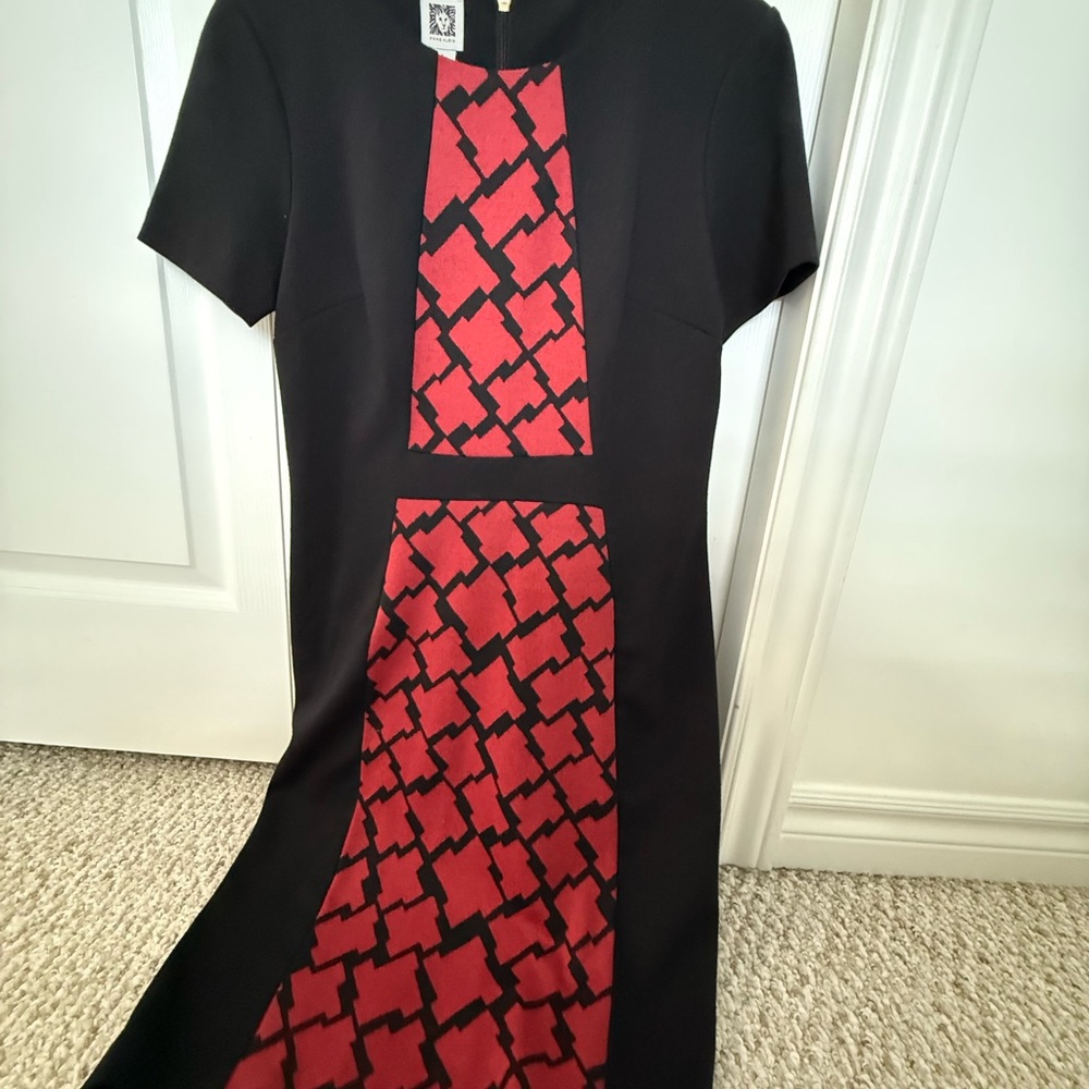 Anne Klein Black and Red Geometric Midi Dress